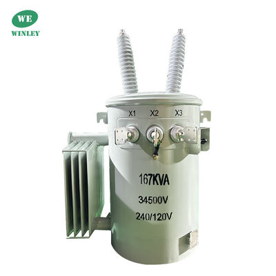 خرید 167Kva واحد مرحله ای قطب نصب شده ترانسفورماتور روغن غوطه ور 34.5KV تا 240V استاندارد های ANSI IEEE ترانسفورماتور توزیع برق تولید آنلاین